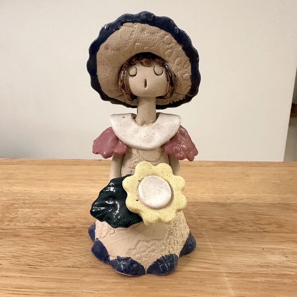 VTG🌻Handmade Ceramic Doll Girl w/Long hair holding a beautiful yellow🌻flower